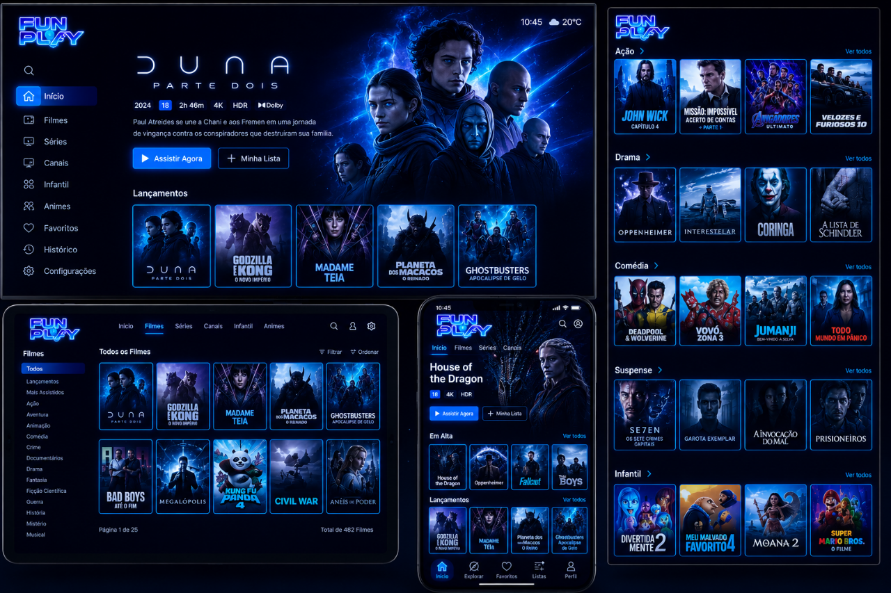 Interface FUNPLAY na TV com catálogo de filmes e séries